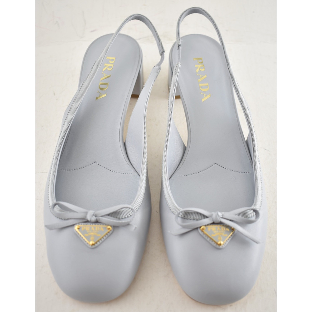 Prada Grey Blue Triangle Logo Bow Ballerina Mule Block Heel Slingback Pump 39.5 - Picture 6 of 15